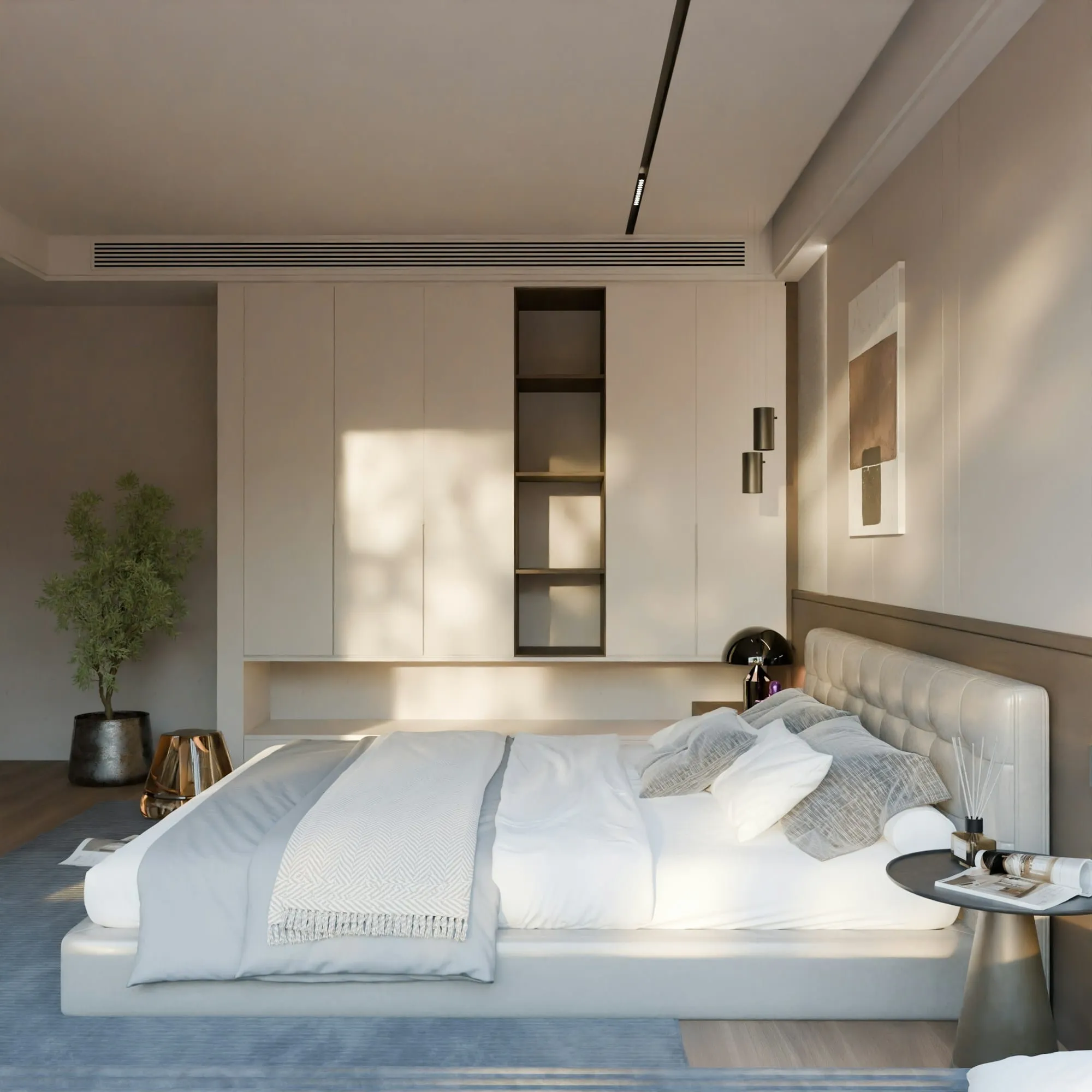 A bedroom with morning sun falling in bands across the wall behind the bed